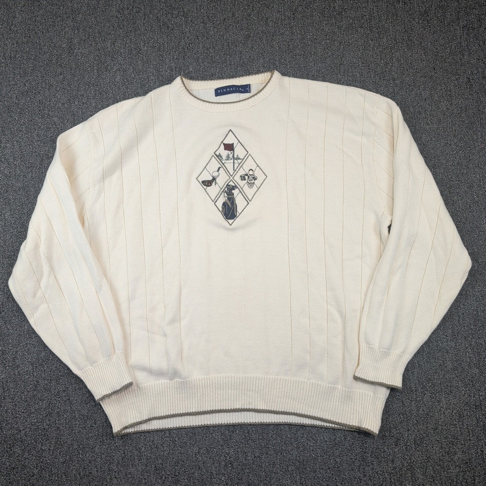 Pinnacle Vintage Golf Embroidered Sweater L Cream Cotton Made in USA Preppy 90s